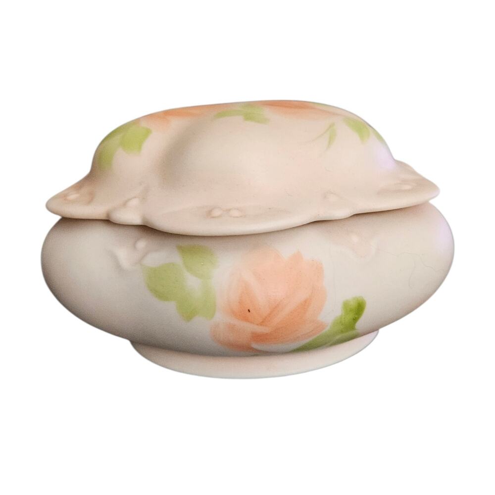Vintage M Brinks Flint Michigan Hand Painted Porcelain Rose Covered Trinket Dish